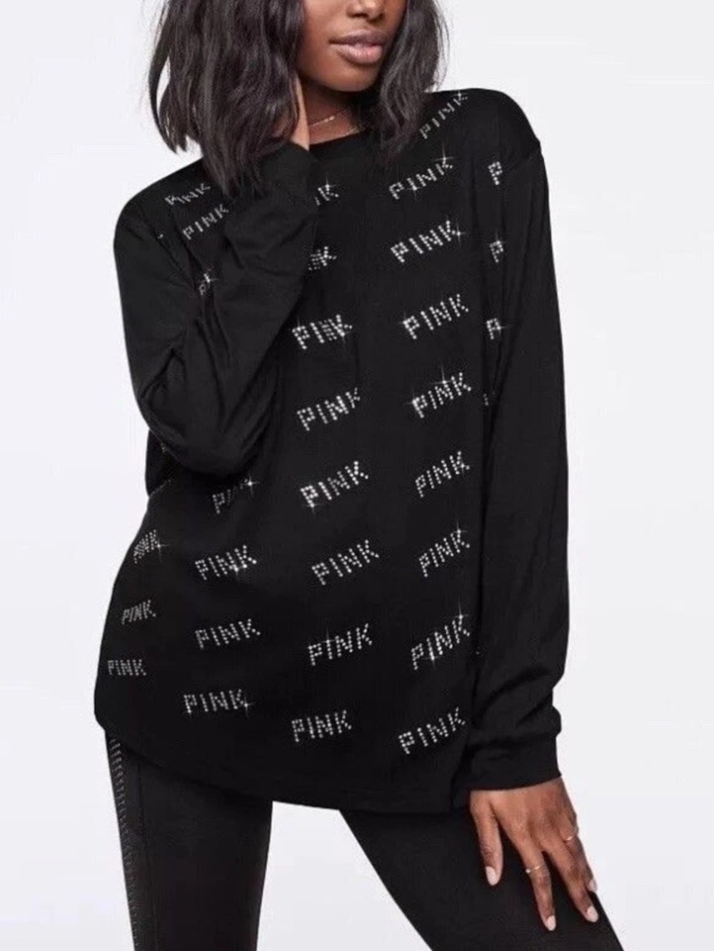 PINK Studded Logo Black Long Sleeve Tee